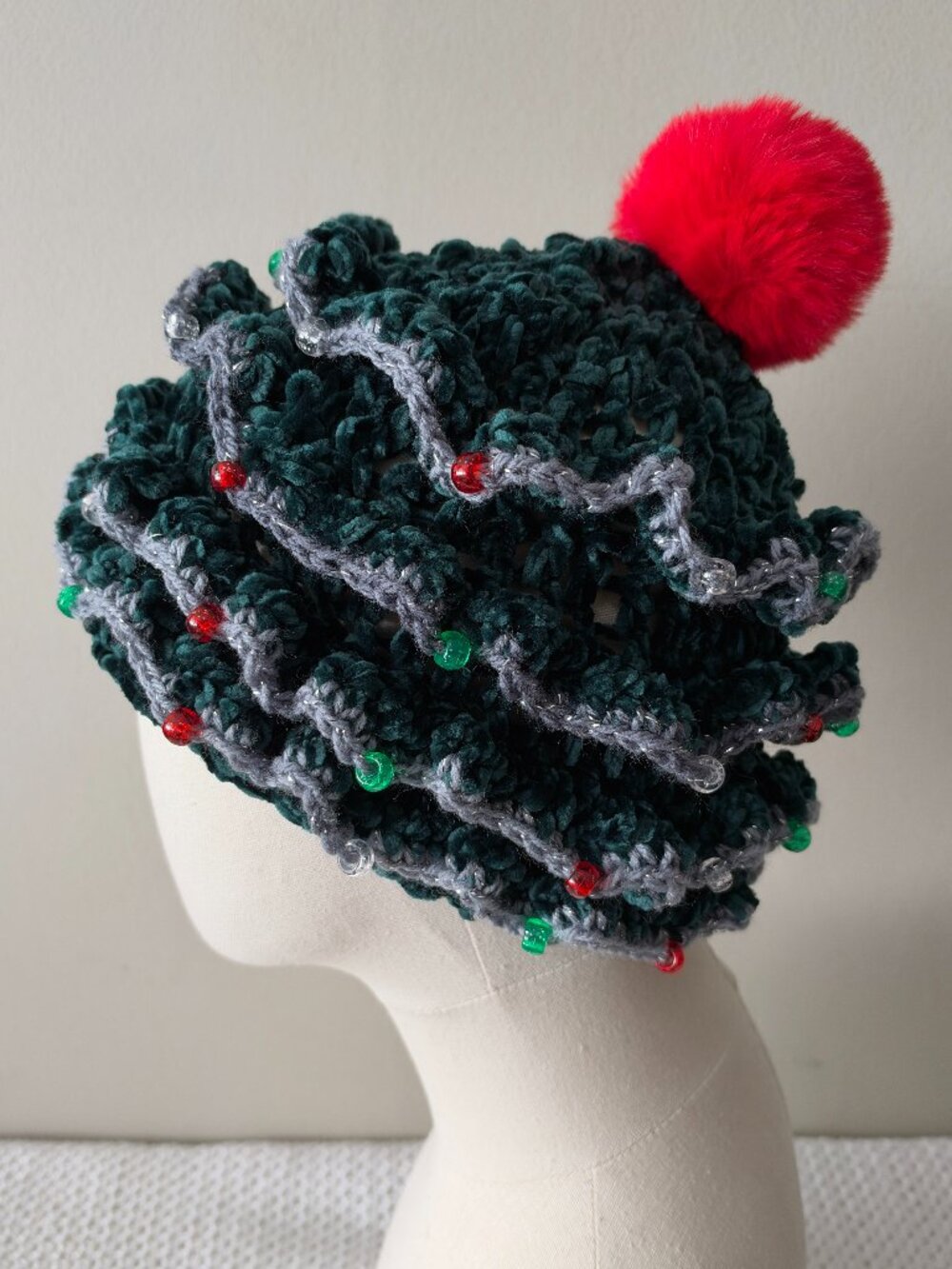 Handmade Crochet Festive Christmas Tree Embellished Dark Green Red Pompom Beanie